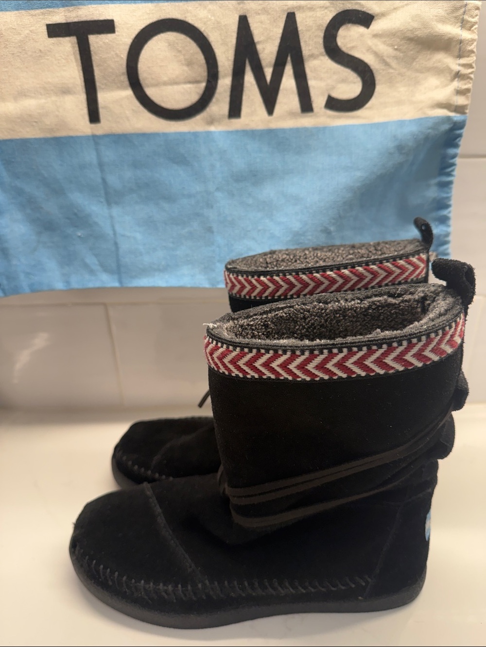 Toms Kids Black Suede Booties with Red Chevron Trim